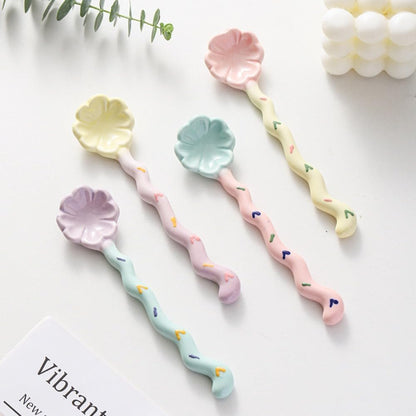 (4 Pieces) Cute Ceramic Long Handle Spoon Household Dessert Stirring Coffee Ice Cream (Pink)