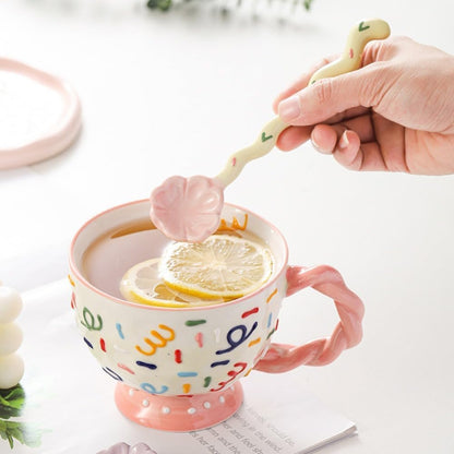 (4 Pieces) Cute Ceramic Long Handle Spoon Household Dessert Stirring Coffee Ice Cream (Pink)