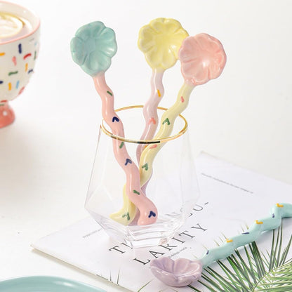 (4 Pieces) Cute Ceramic Long Handle Spoon Household Dessert Stirring Coffee Ice Cream (Pink)