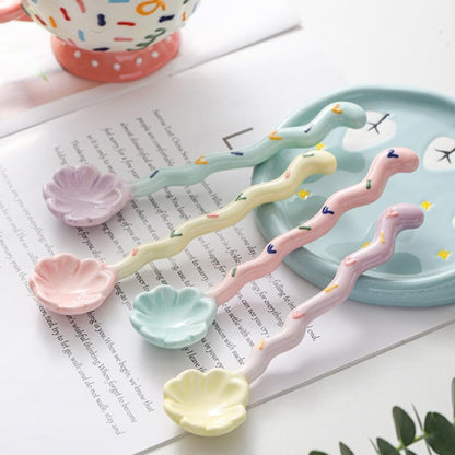 (4 Pieces) Cute Ceramic Long Handle Spoon Household Dessert Stirring Coffee Ice Cream (Pink)