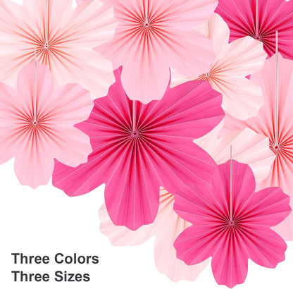 9 Pcs Pink Party Paper Flowers Decorations Hot Pink Paper Fans Hanging Ornaments Paper Floral Backdrop Decor Wedding Birthday Party Valentine's Day Engagement Baby Showers Decoration