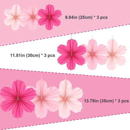 9 Pcs Pink Party Paper Flowers Decorations Hot Pink Paper Fans Hanging Ornaments Paper Floral Backdrop Decor Wedding Birthday Party Valentine's Day Engagement Baby Showers Decoration