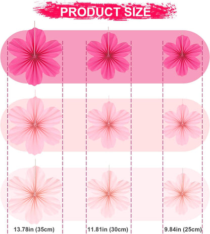 9 Pcs Pink Party Paper Flowers Decorations Hot Pink Paper Fans Hanging Ornaments Paper Floral Backdrop Decor Wedding Birthday Party Valentine's Day Engagement Baby Showers Decoration