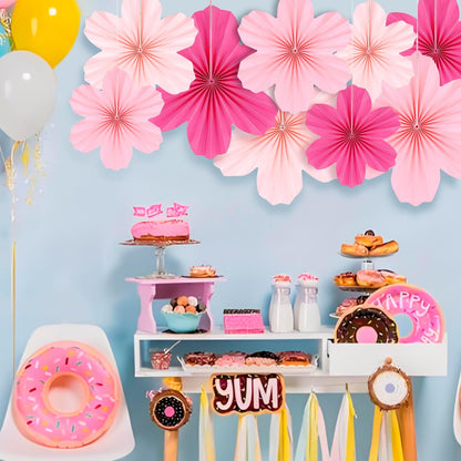 9 Pcs Pink Party Paper Flowers Decorations Hot Pink Paper Fans Hanging Ornaments Paper Floral Backdrop Decor Wedding Birthday Party Valentine's Day Engagement Baby Showers Decoration