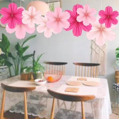 9 Pcs Pink Party Paper Flowers Decorations Hot Pink Paper Fans Hanging Ornaments Paper Floral Backdrop Decor Wedding Birthday Party Valentine's Day Engagement Baby Showers Decoration