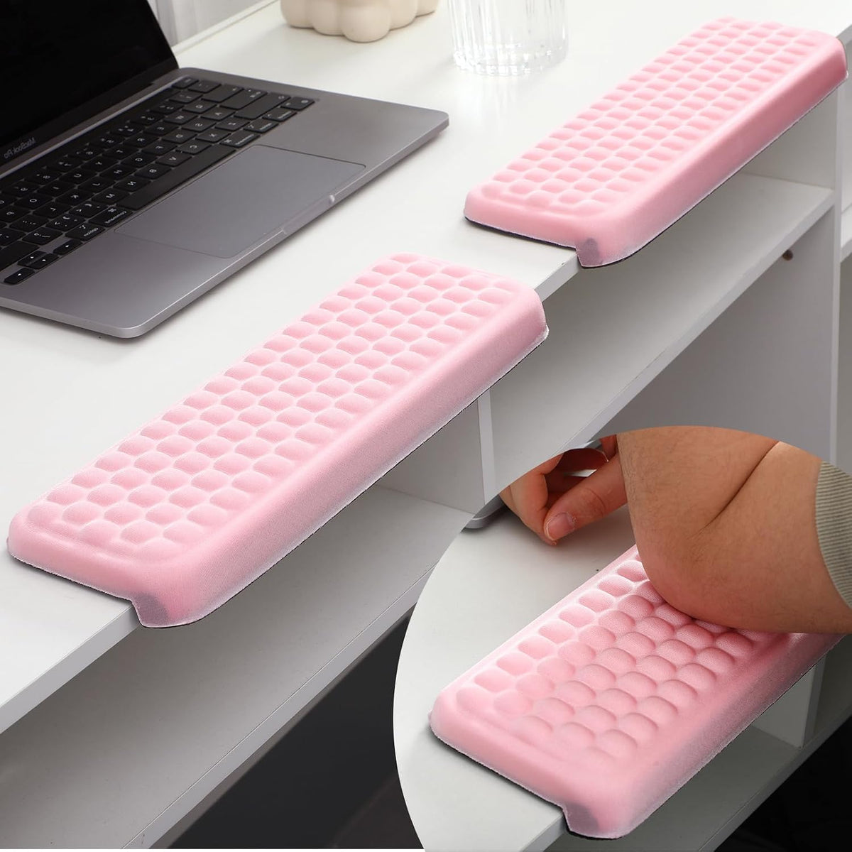 2 Pcs L-Shaped Desk Elbow Pad Set Desk Edge Cushion Memory Foam Wrist Rest Elbow Pads Arm Rest Comfort Support Padding with Non-Slip Base for Office Home Gaming(Pink)