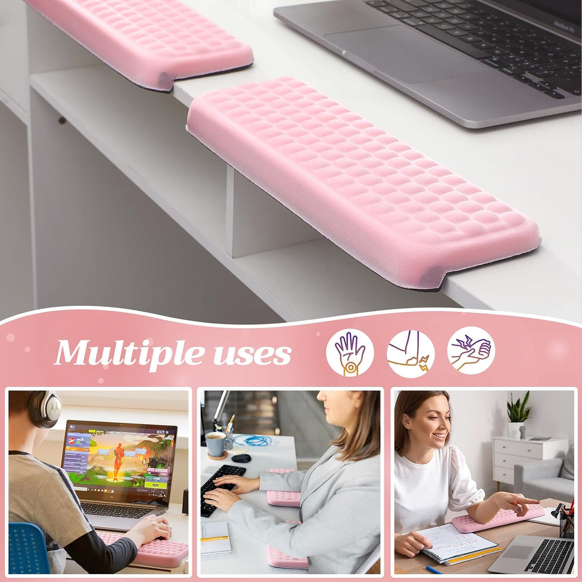 2 Pcs L-Shaped Desk Elbow Pad Set Desk Edge Cushion Memory Foam Wrist Rest Elbow Pads Arm Rest Comfort Support Padding with Non-Slip Base for Office Home Gaming(Pink)