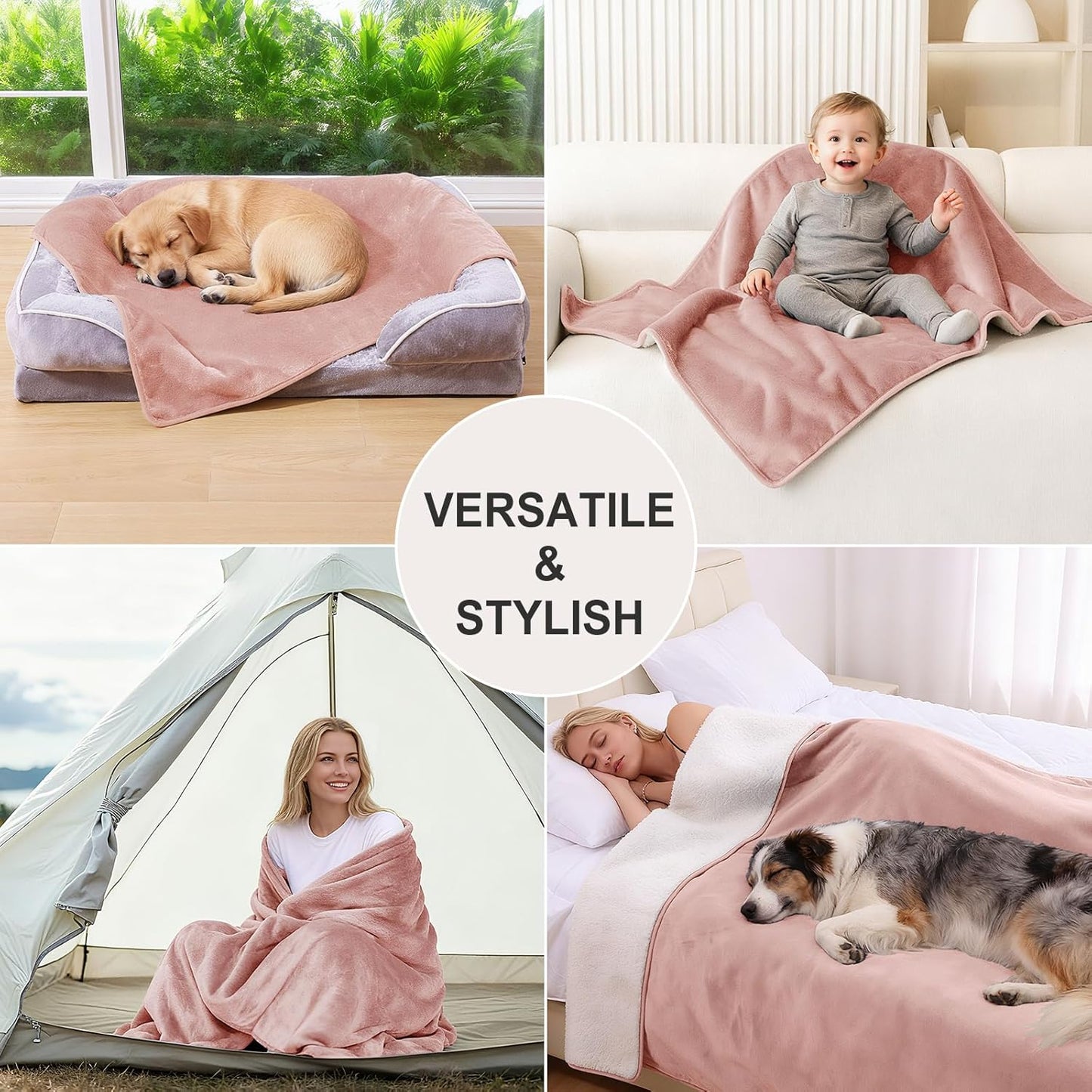 Waterproof Dog Bed Blanket, Leakproof Pet Throw Blanket for Bed Couch Sofa, Reversible Sherpa Fleece Furniture Protector Cover for Small Medium Large Dogs Cats (Dusty Pink, 50x60 inches)