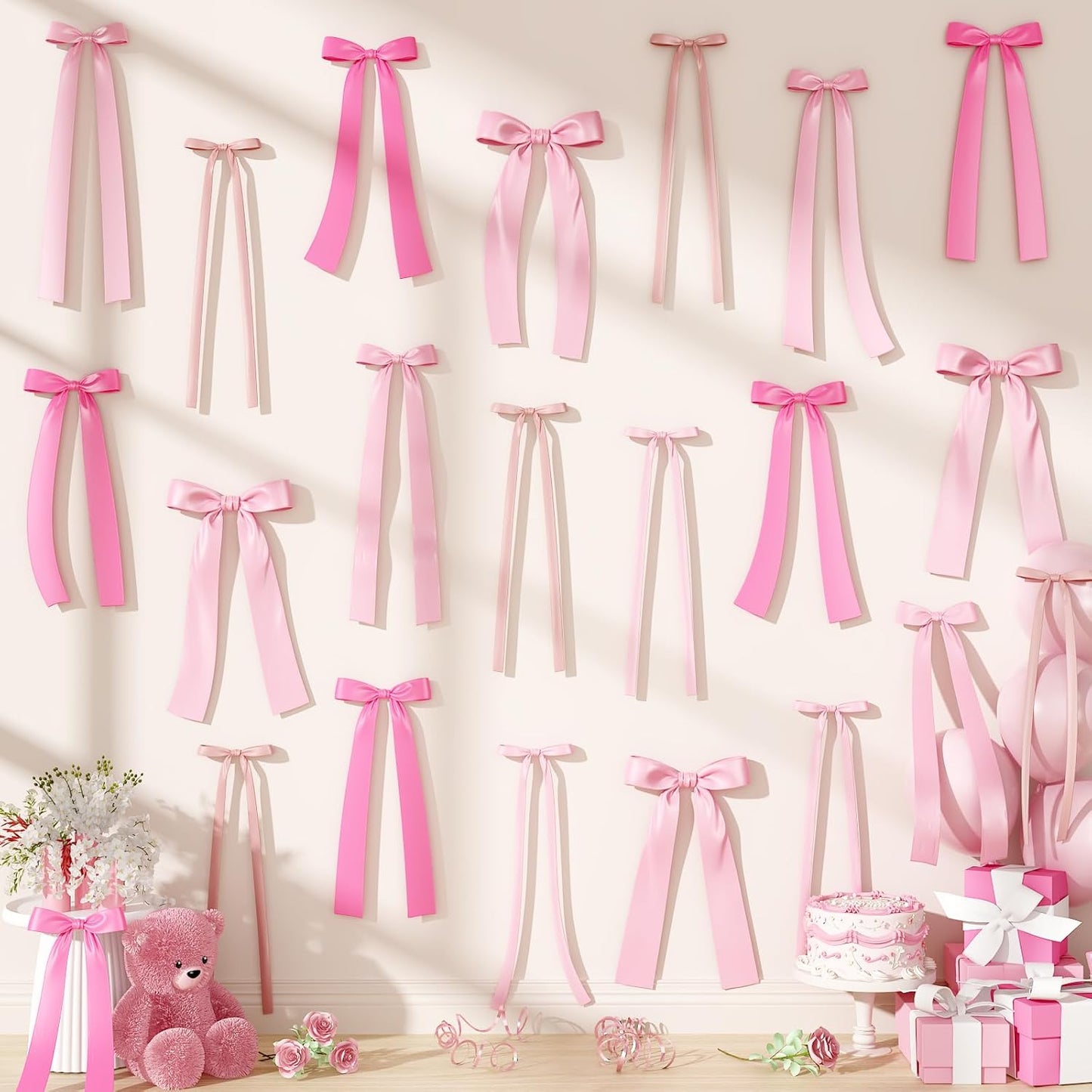 Pink Bow Birthday Decorations, 40Pcs Dusty Pink Bow Wall Decor DIY Ribbon Satin Bows Garland Photo Backdrop for Women Girl Coquette Bachelorette Baby Bridal Shower Room Bedroom Wedding Party Decor