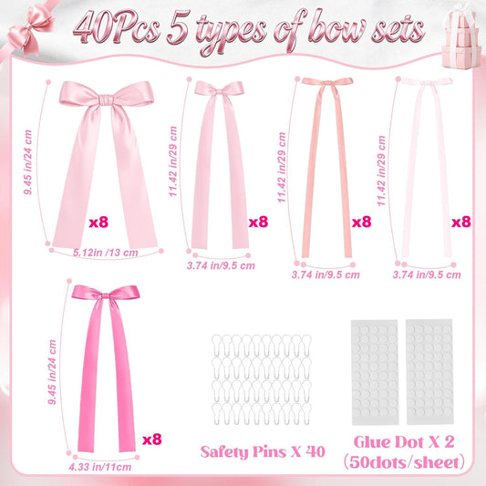 Pink Bow Birthday Decorations, 40Pcs Dusty Pink Bow Wall Decor DIY Ribbon Satin Bows Garland Photo Backdrop for Women Girl Coquette Bachelorette Baby Bridal Shower Room Bedroom Wedding Party Decor
