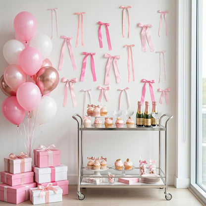 Pink Bow Birthday Decorations, 40Pcs Dusty Pink Bow Wall Decor DIY Ribbon Satin Bows Garland Photo Backdrop for Women Girl Coquette Bachelorette Baby Bridal Shower Room Bedroom Wedding Party Decor