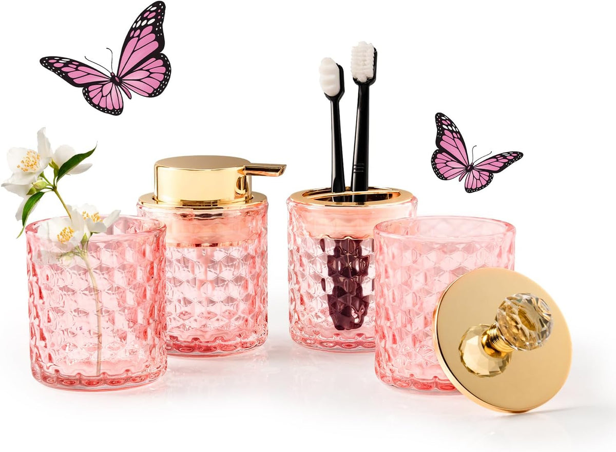 4 Pack Bathroom Accessories, Pink Glass Complete