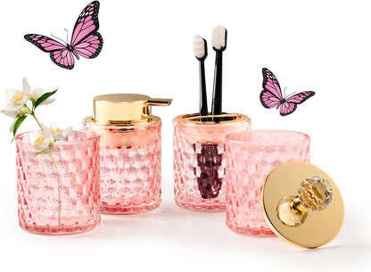 4 Pack Bathroom Accessories, Pink Glass Complete