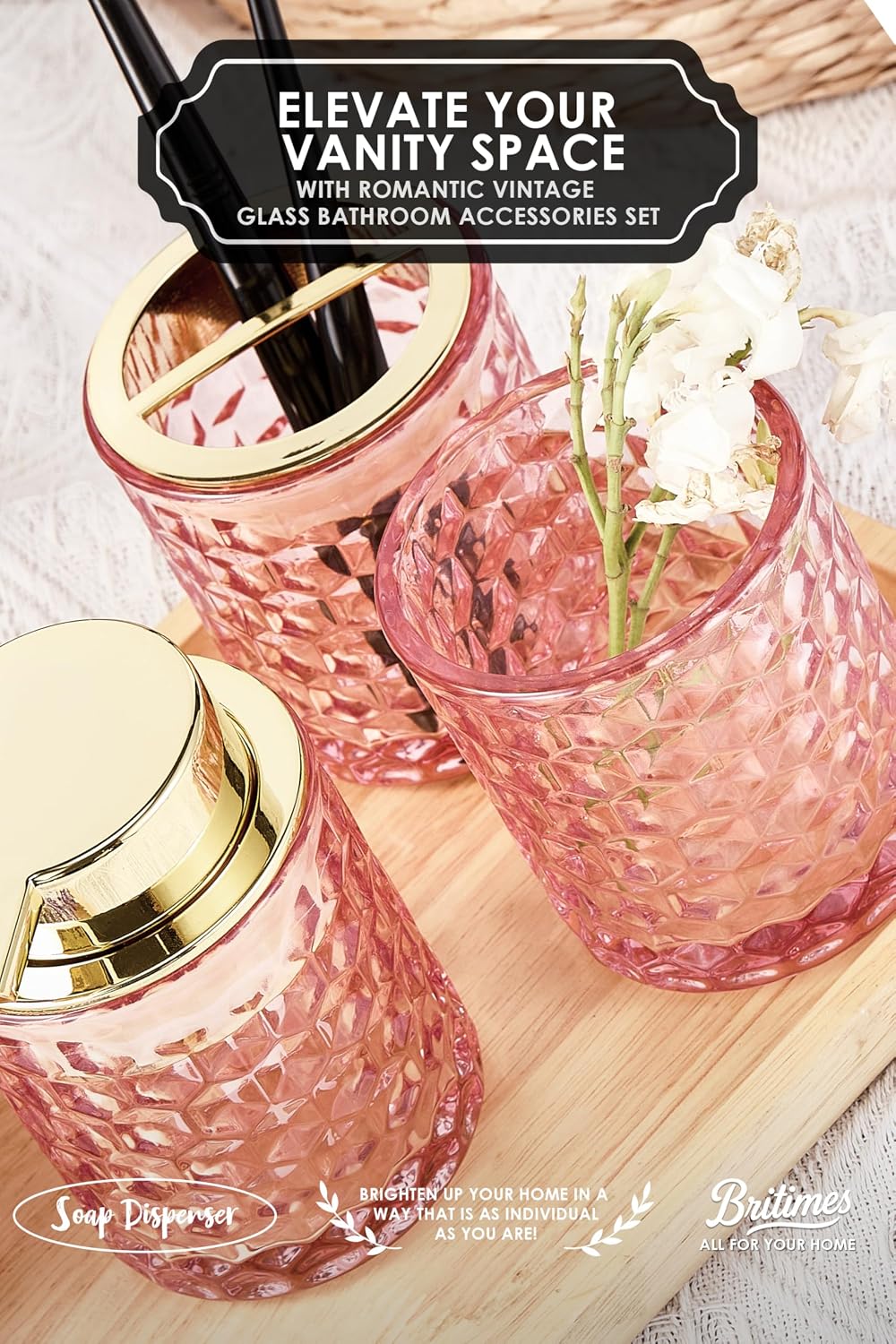 4 Pack Bathroom Accessories, Pink Glass Complete
