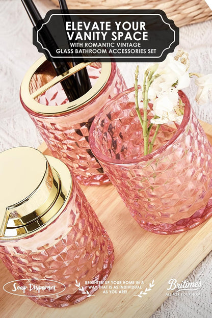4 Pack Bathroom Accessories, Pink Glass Complete