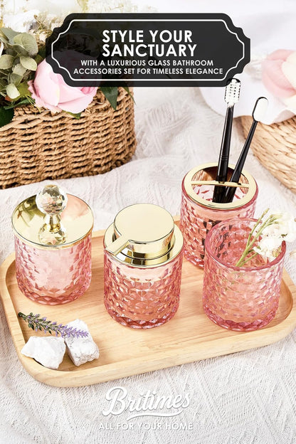 4 Pack Bathroom Accessories, Pink Glass Complete