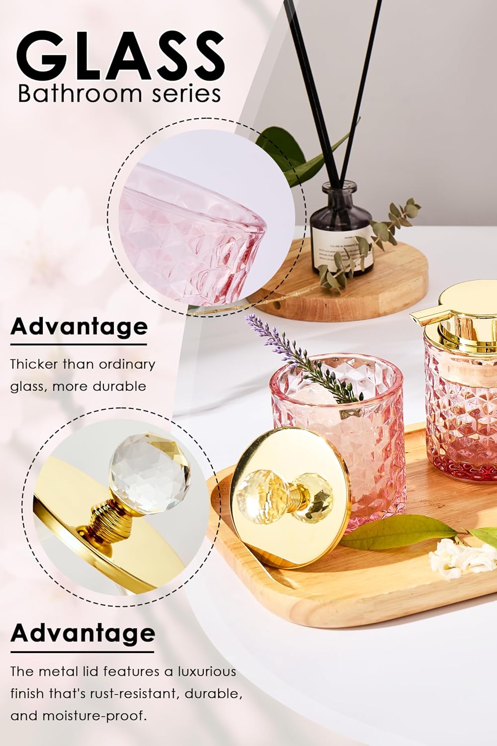4 Pack Bathroom Accessories, Pink Glass Complete