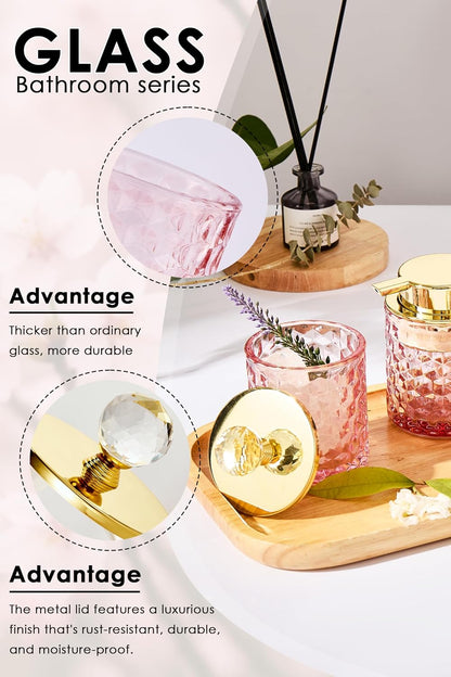 4 Pack Bathroom Accessories, Pink Glass Complete