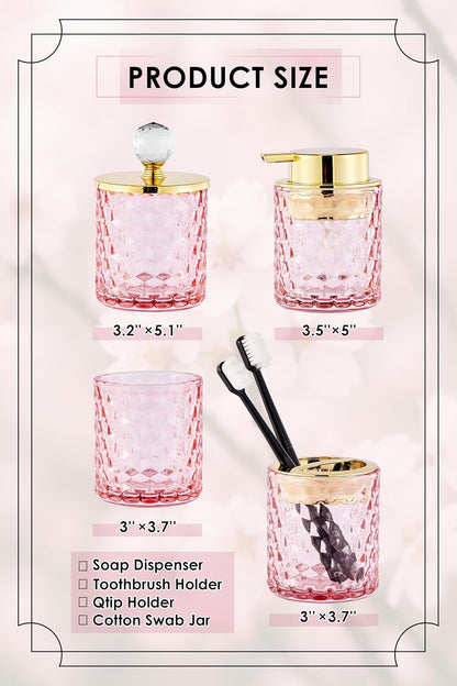4 Pack Bathroom Accessories, Pink Glass Complete