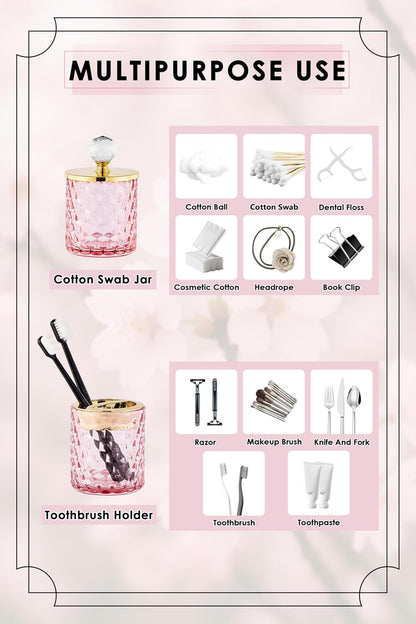4 Pack Bathroom Accessories, Pink Glass Complete