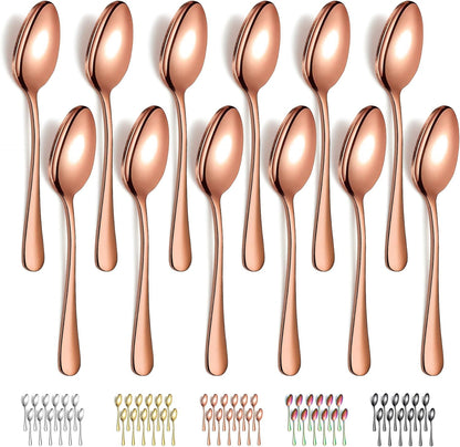 Rose Gold Dinner Spoons 12 Pieces, Rose Gold Titanium Plating Stainless Steel 7.28inch Spoons, Dessert Spoons, Table Spoon, Soup Spoons, Easy To Clean, Dishwasher Safe