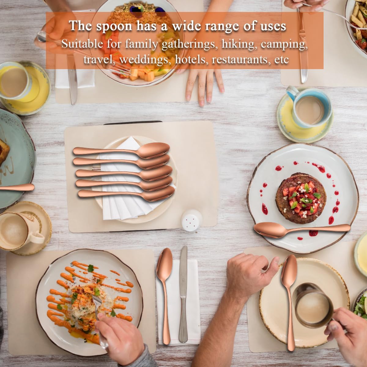 Rose Gold Dinner Spoons 12 Pieces, Rose Gold Titanium Plating Stainless Steel 7.28inch Spoons, Dessert Spoons, Table Spoon, Soup Spoons, Easy To Clean, Dishwasher Safe