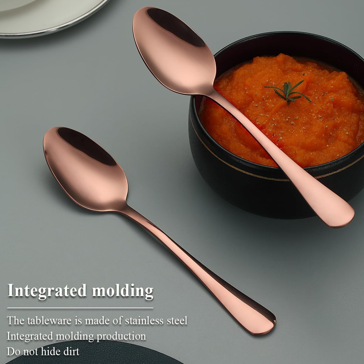 Rose Gold Dinner Spoons 12 Pieces, Rose Gold Titanium Plating Stainless Steel 7.28inch Spoons, Dessert Spoons, Table Spoon, Soup Spoons, Easy To Clean, Dishwasher Safe