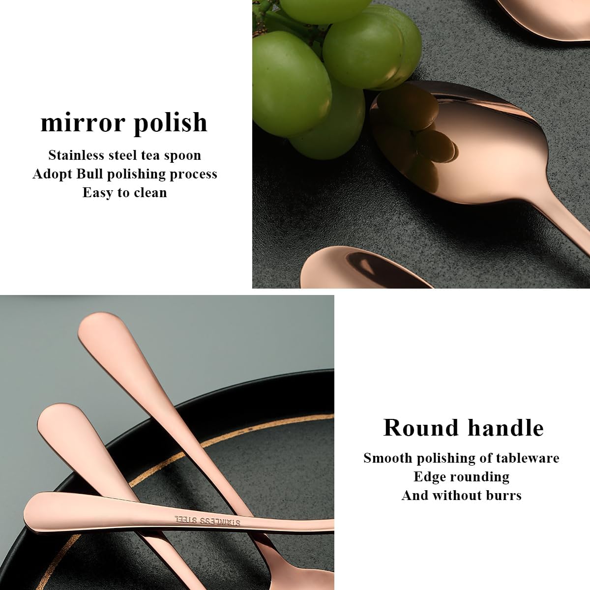 Rose Gold Dinner Spoons 12 Pieces, Rose Gold Titanium Plating Stainless Steel 7.28inch Spoons, Dessert Spoons, Table Spoon, Soup Spoons, Easy To Clean, Dishwasher Safe