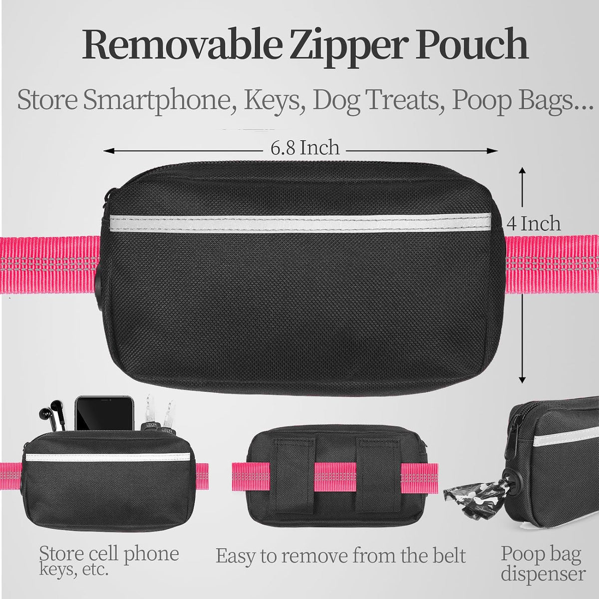 Hands Free Dog Leash with Zipper Pouch, Medium, 8-25 lbs, Pink
