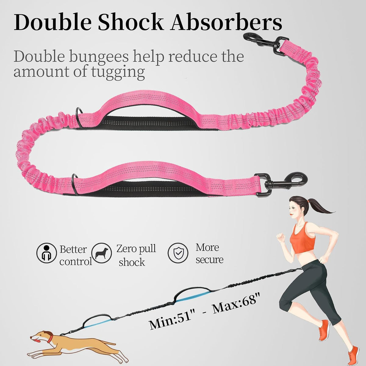 Hands Free Dog Leash with Zipper Pouch, Medium, 8-25 lbs, Pink