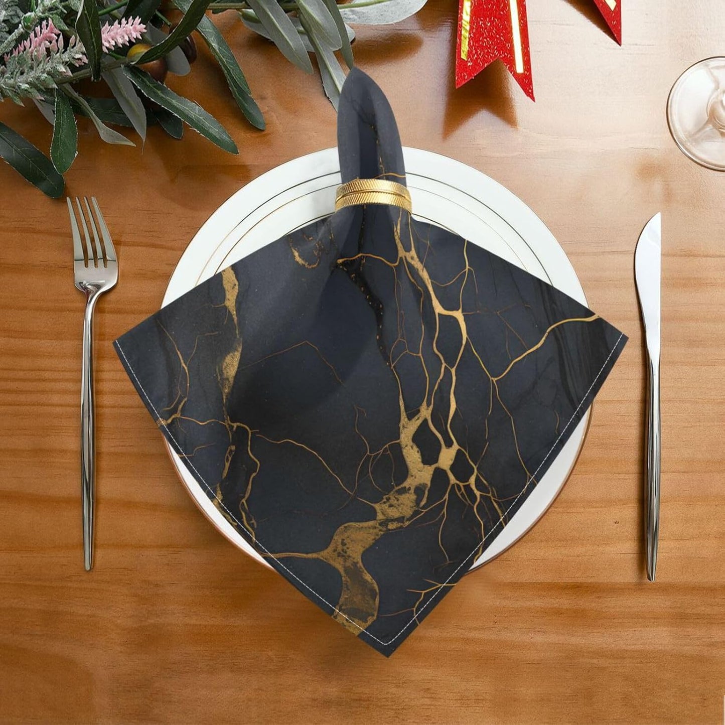 ALAZA Black & Gold Marble Cloth Napkins Set of 6, 20x20 Inch Washable and Reusable Napkin for Decoupage Dinner Party Everyday Use