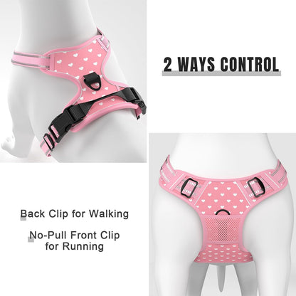 No Pull Dog Harness, Cute Reflective Small Sized Puppy Kitten Harness, Adjustable Soft Padded Vest for Small Dogs, Cats, Heavy Duty Pet Vest with Easy Control Handle for Walking, Pink Hearts