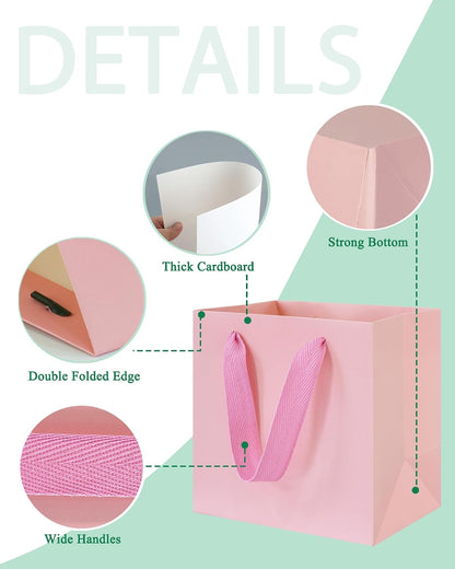 Mini Pink Gift Bags with Handles Wide Bottom Gift Bags with Tissue Paper Party Favor Bag Goodie Bag for Wedding Birthday Christmas Shopping Business (10 CT, 4x4x2 Inch, Pink)