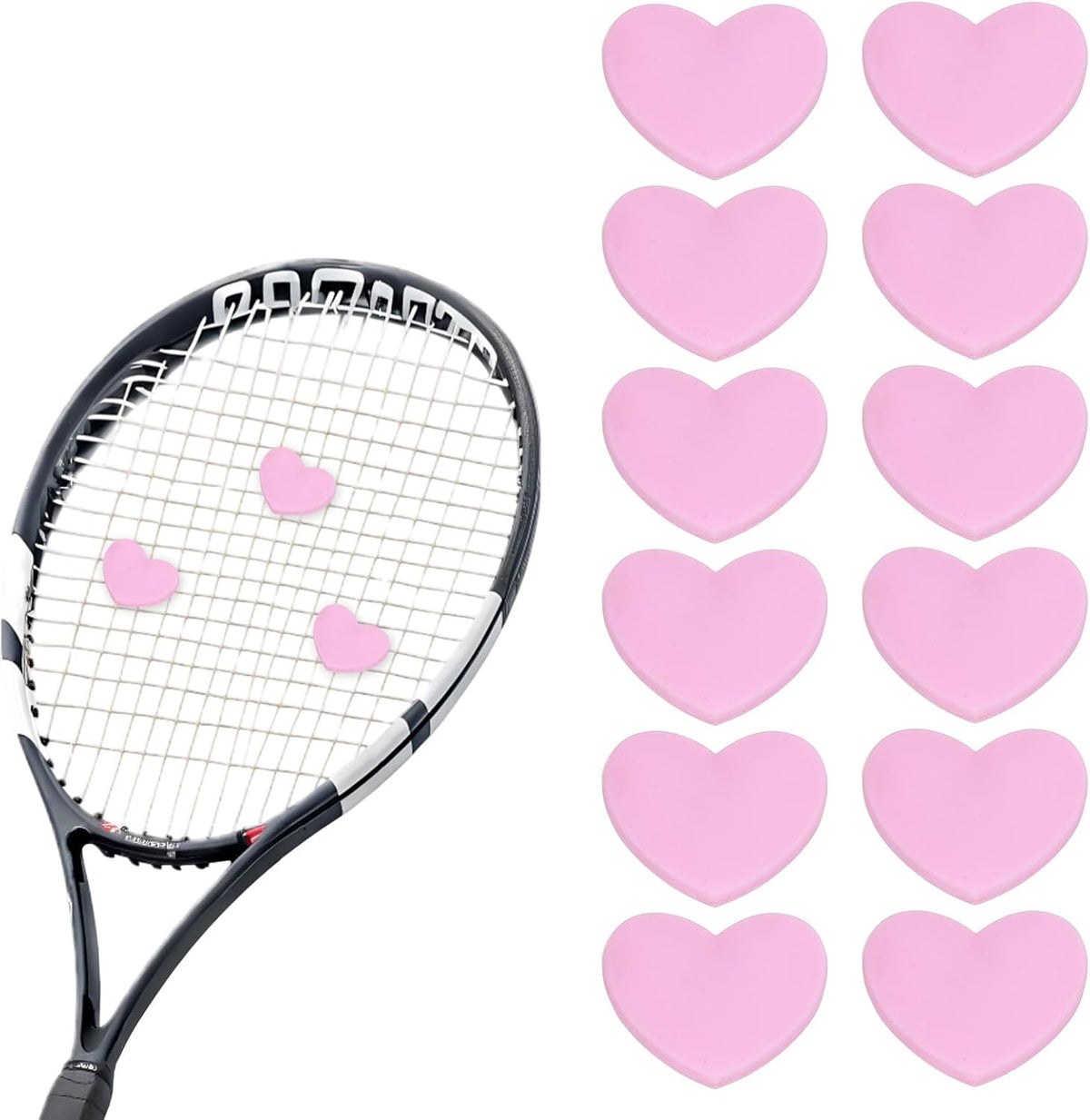 Tennis Dampener, Heart Silicone Tennis Racket Dampeners Racket Shock Absorber Reduce Vibration Soft Cute Fit for (Players/Universal Fit for All Racquets) 12 Pcs & Light Pink