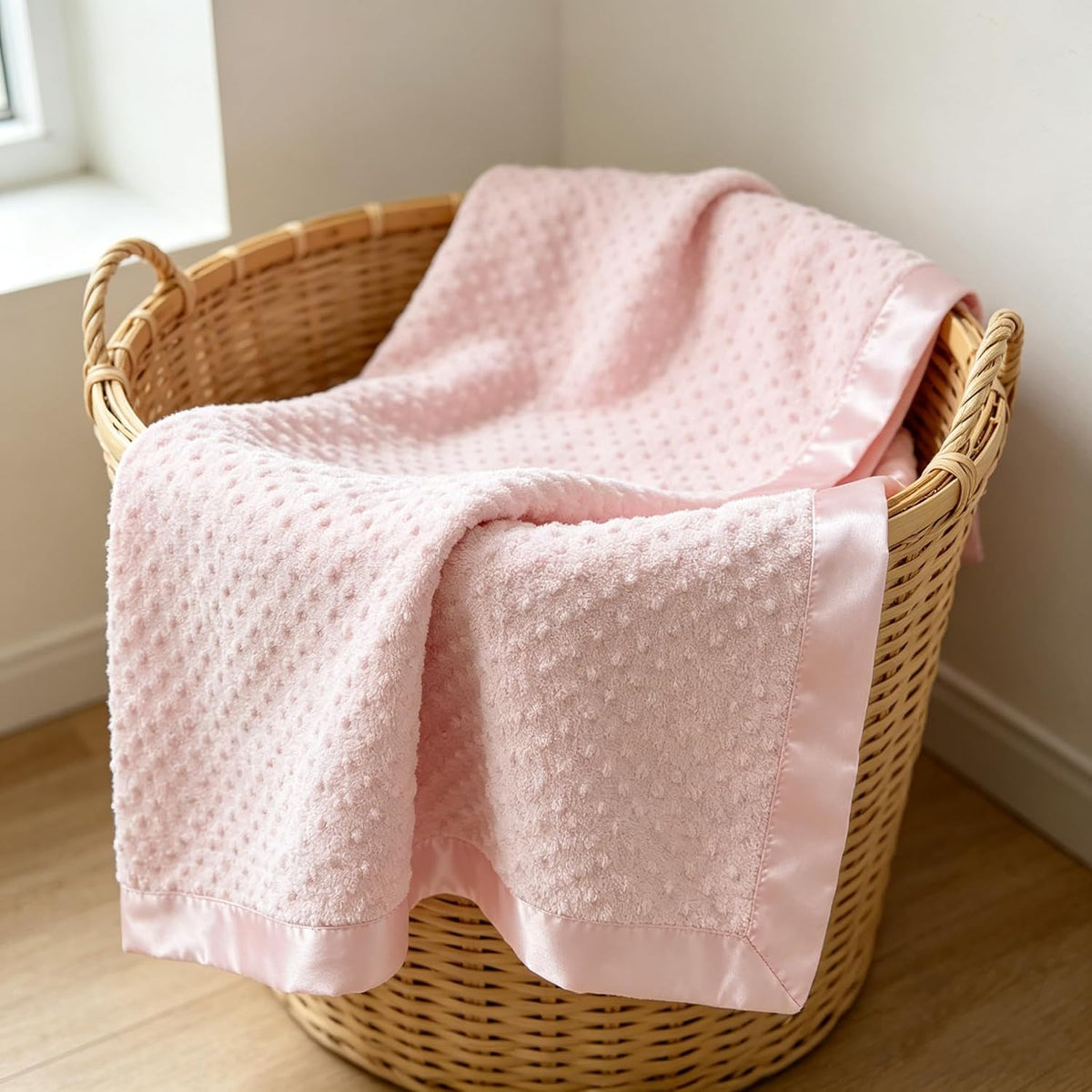 Heavenly Soft Chenille Receiving Blanket (30" x 40"), 2-Layer Design with Minky Dot & Silky Satin, Pink, for Boys and Girls