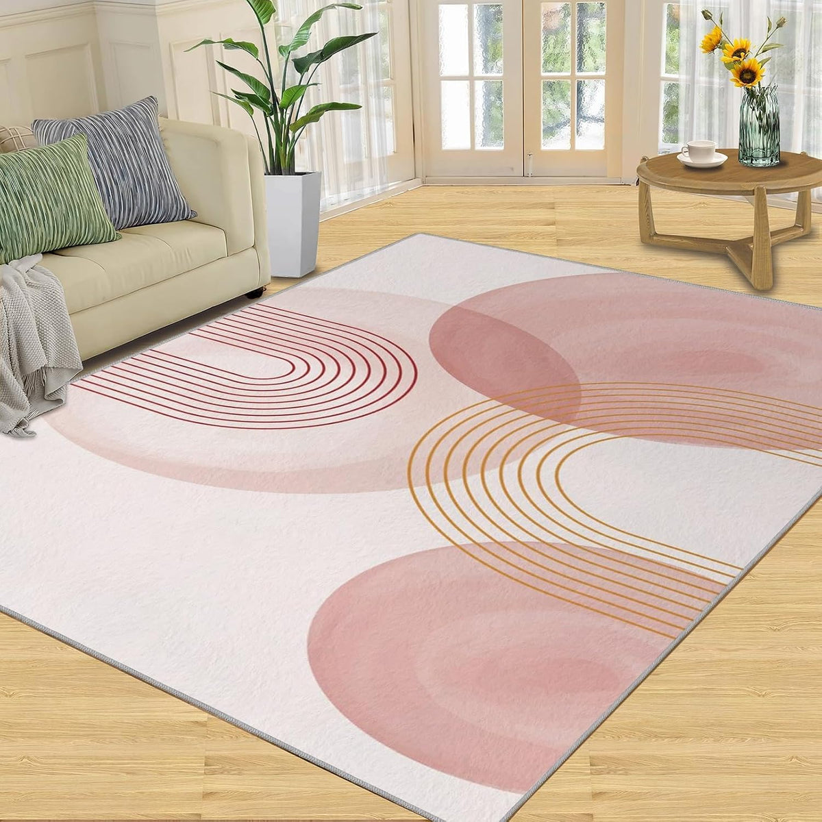 Abstract Geometry Arch Lines Accent Rug, Modern Minimalist Pink Washable Rugs, Mid Century Soft Non-Slip Indoor Floor Carpet for Bedroom, Living Room, Dorm Girls Room 3.3x4.6ft