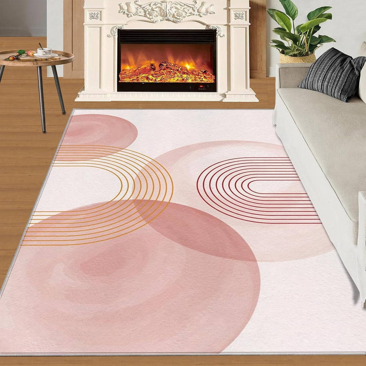Abstract Geometry Arch Lines Accent Rug, Modern Minimalist Pink Washable Rugs, Mid Century Soft Non-Slip Indoor Floor Carpet for Bedroom, Living Room, Dorm Girls Room 3.3x4.6ft