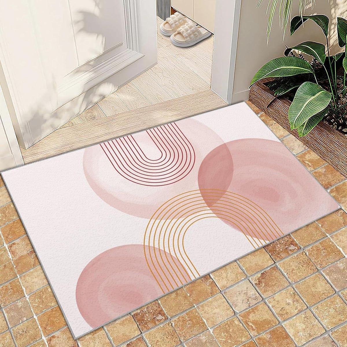 Abstract Geometry Arch Lines Accent Rug, Modern Minimalist Pink Washable Rugs, Mid Century Soft Non-Slip Indoor Floor Carpet for Bedroom, Living Room, Dorm Girls Room 3.3x4.6ft