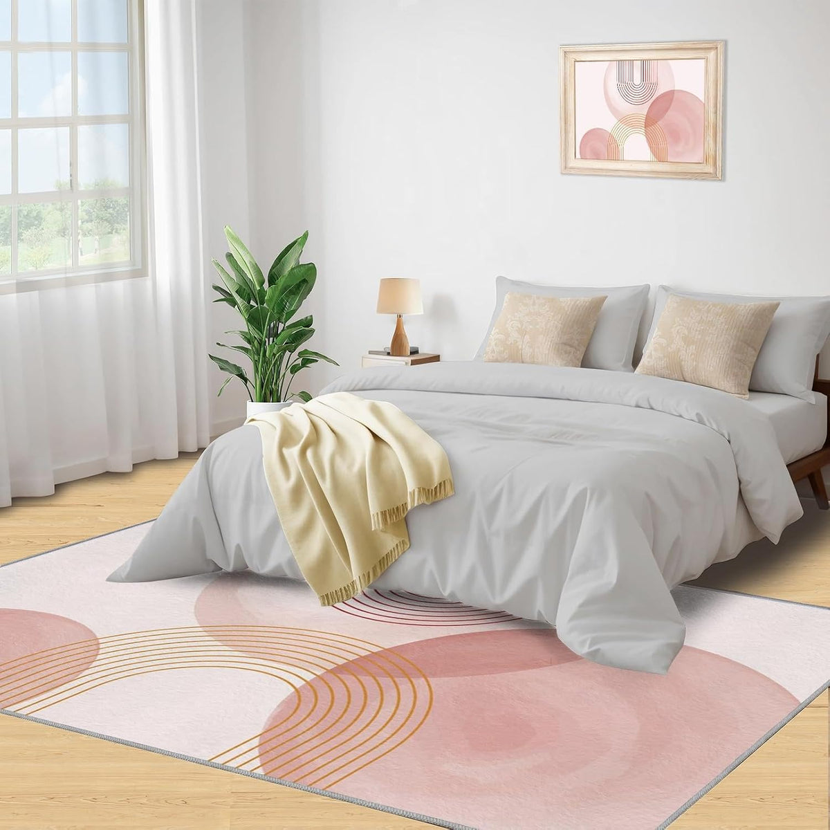 Abstract Geometry Arch Lines Accent Rug, Modern Minimalist Pink Washable Rugs, Mid Century Soft Non-Slip Indoor Floor Carpet for Bedroom, Living Room, Dorm Girls Room 3.3x4.6ft