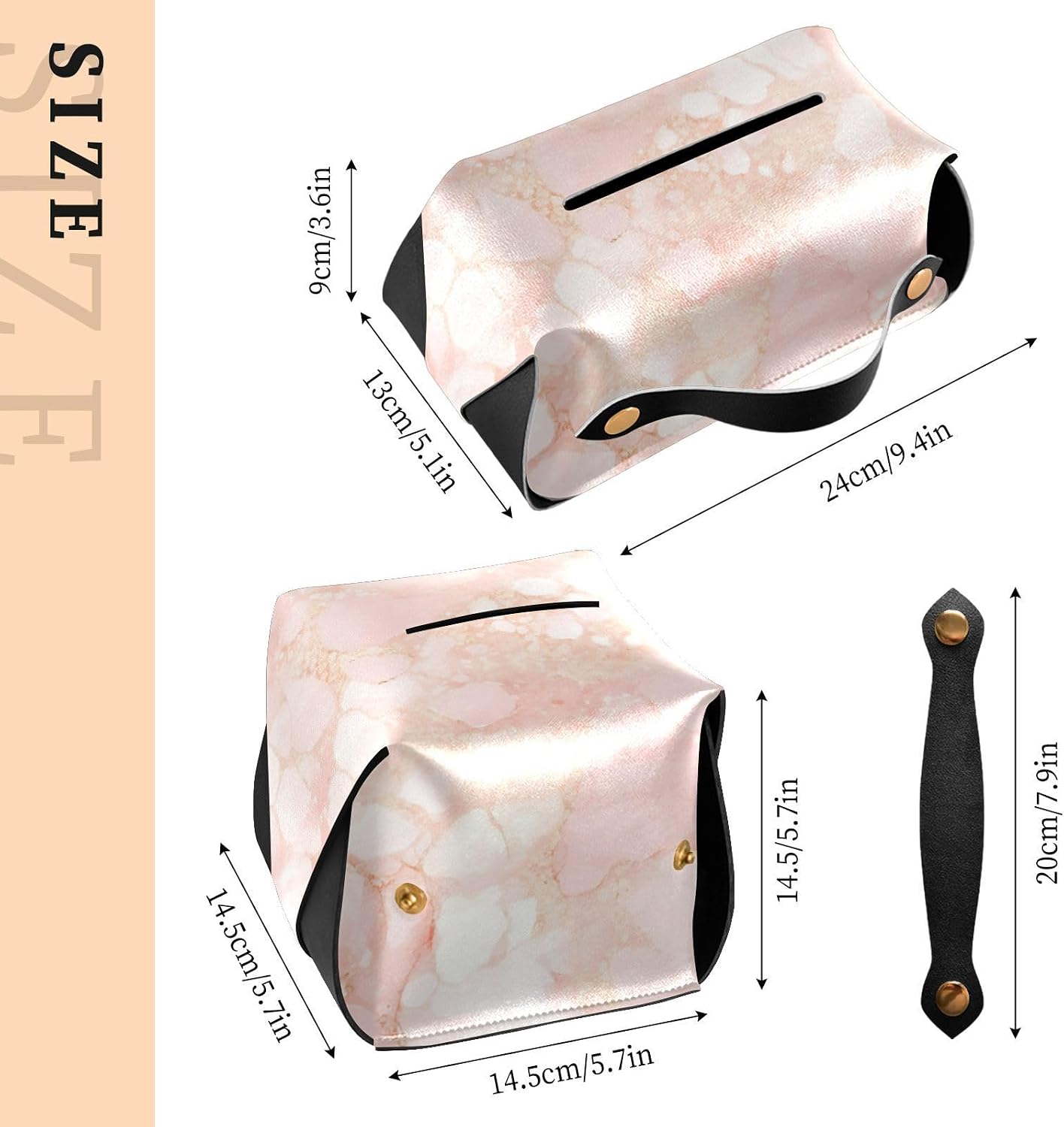 Leather tissue holder Hanging napkin holder for car with Adjustable straps & zipper Refillable tissue dispenser Peach Gold Irregular Marble