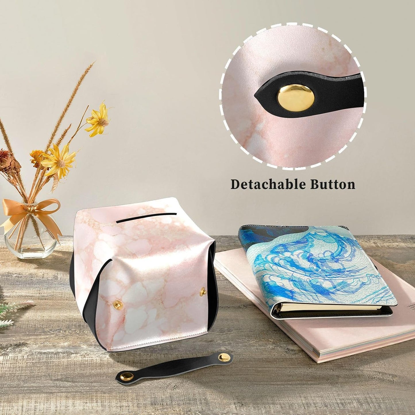 Leather tissue holder Hanging napkin holder for car with Adjustable straps & zipper Refillable tissue dispenser Peach Gold Irregular Marble
