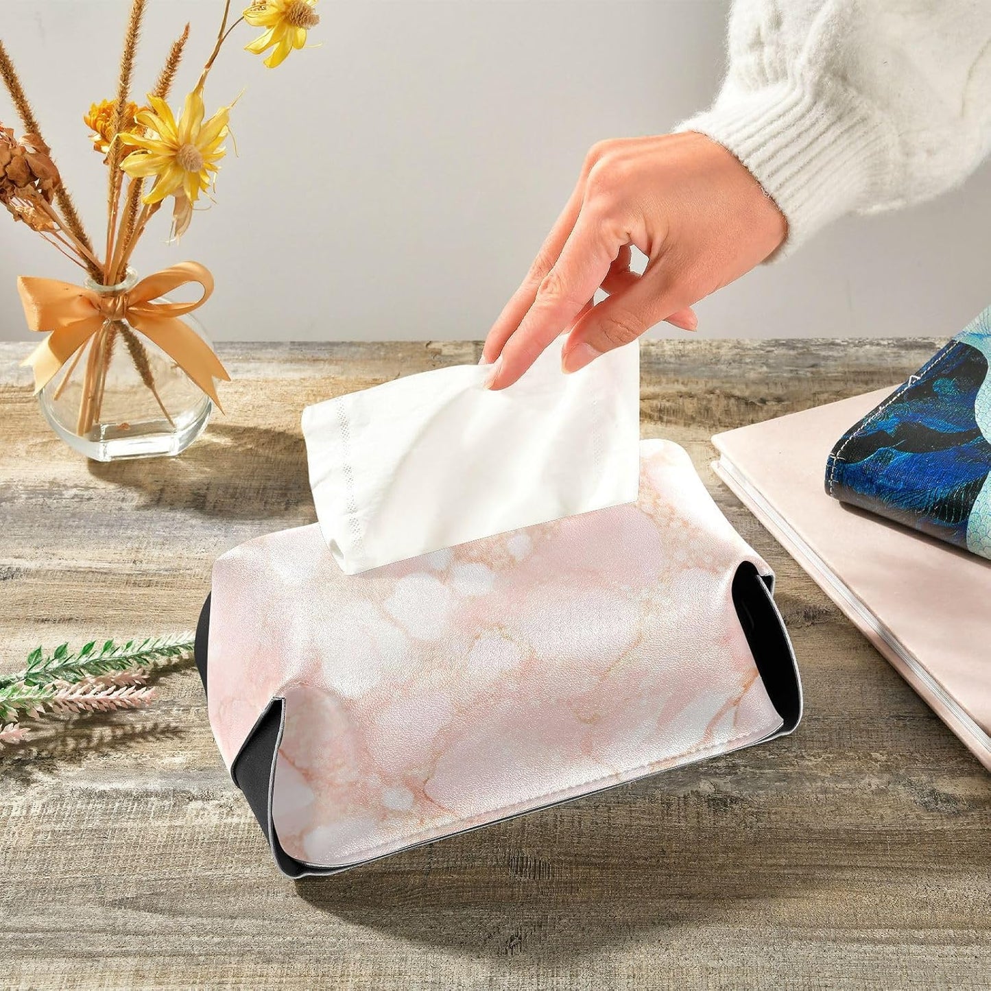 Leather tissue holder Hanging napkin holder for car with Adjustable straps & zipper Refillable tissue dispenser Peach Gold Irregular Marble