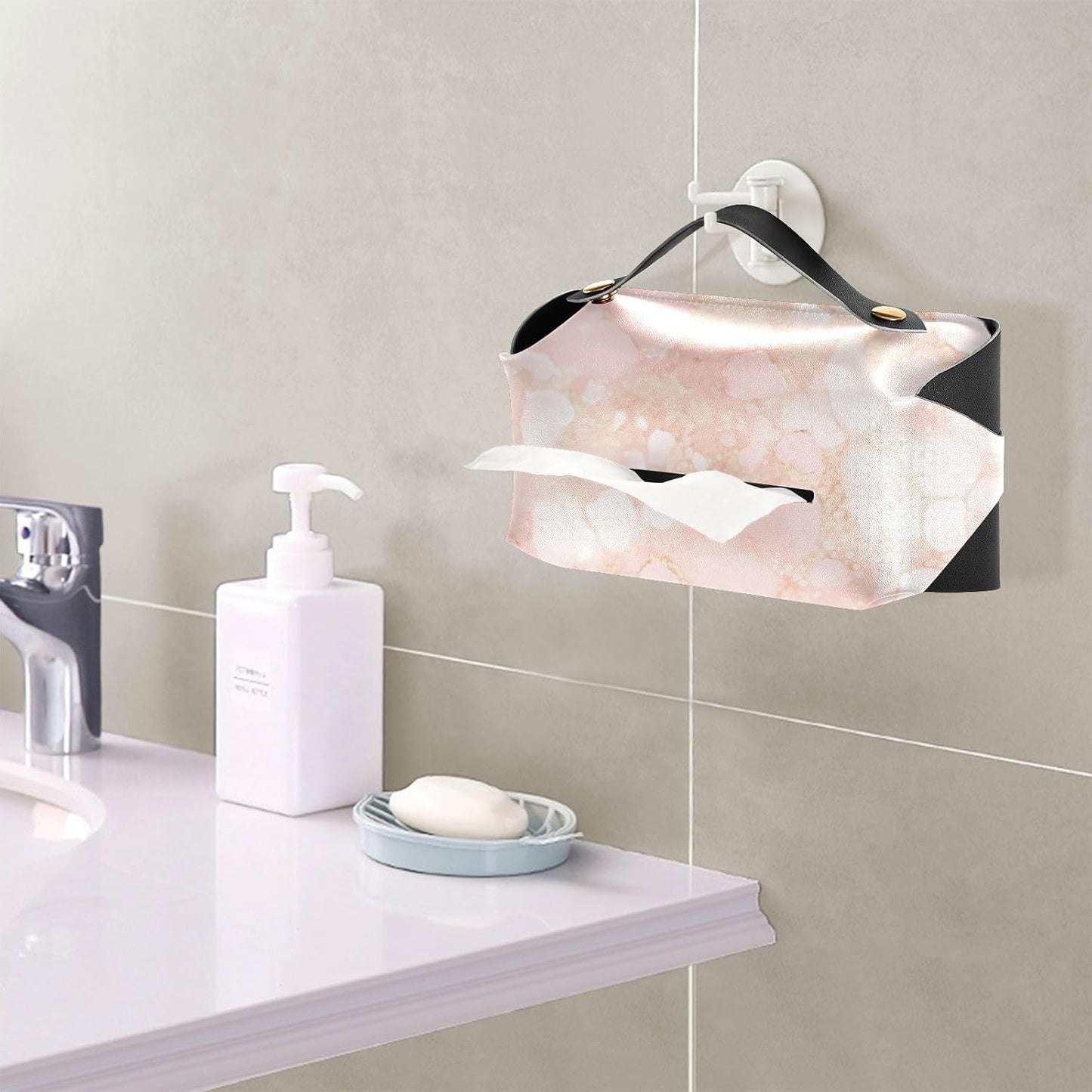 Leather tissue holder Hanging napkin holder for car with Adjustable straps & zipper Refillable tissue dispenser Peach Gold Irregular Marble