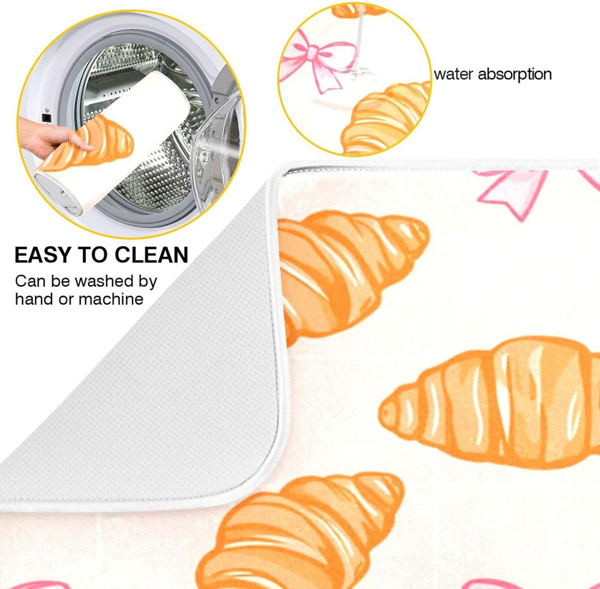 Dish Drying Mats Pink Bows Plaid Croissants Drainer Rack Mat for Counter 18 x 24 Inch Microfiber Dry Dishes Pad Coffee Bar Sink Countertops Mats