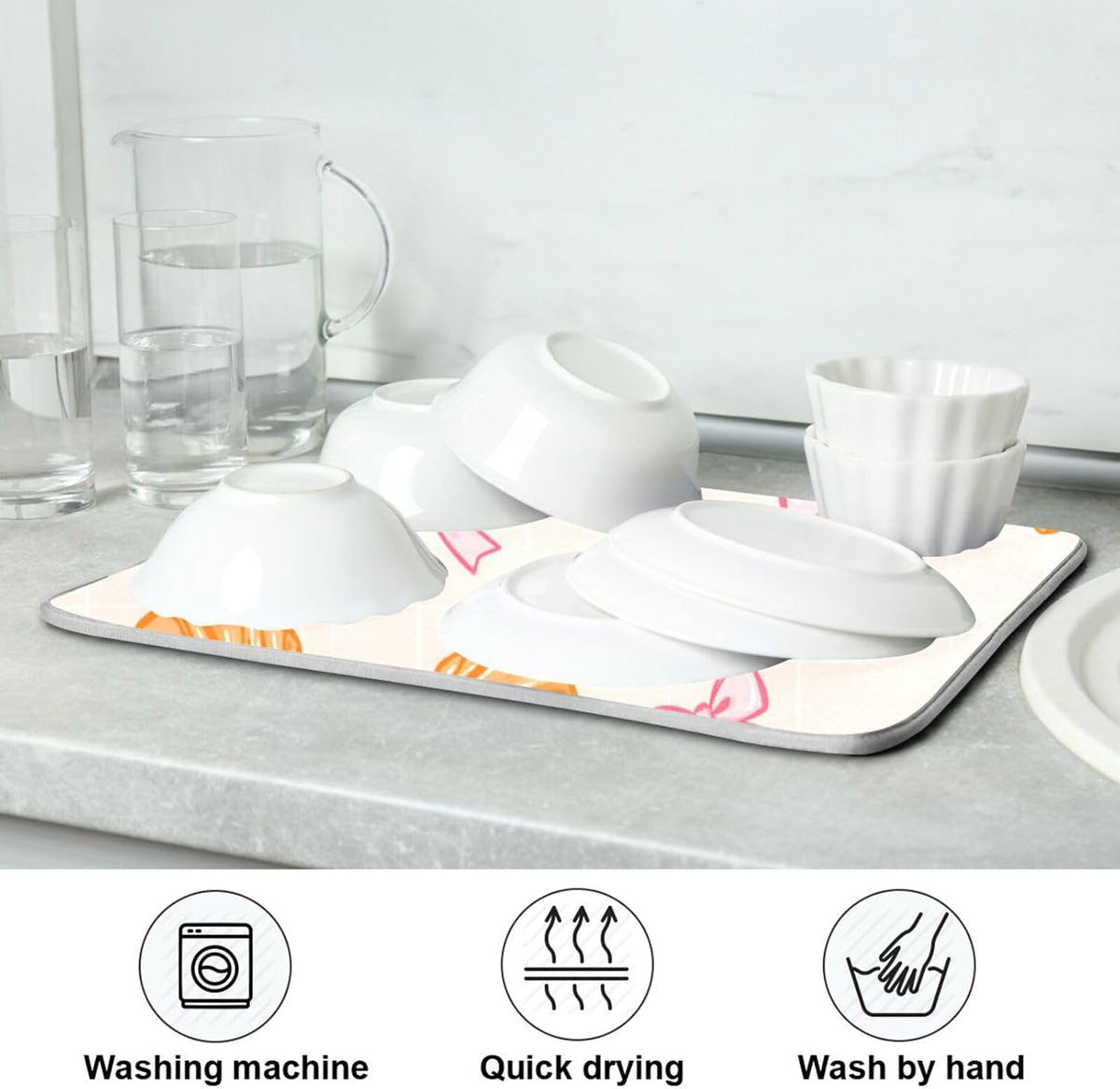 Dish Drying Mats Pink Bows Plaid Croissants Drainer Rack Mat for Counter 18 x 24 Inch Microfiber Dry Dishes Pad Coffee Bar Sink Countertops Mats