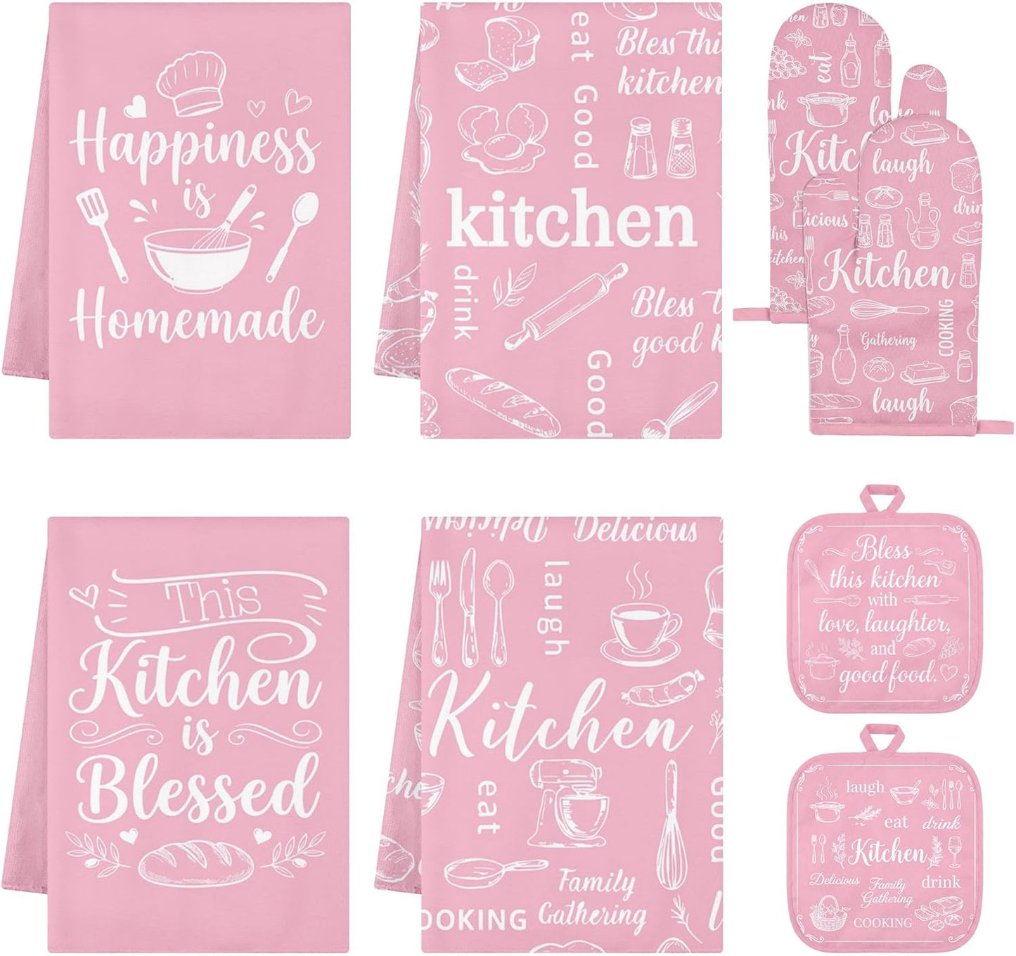 8 Pcs Pink Kitchen Decor Set Pink Cute Heat Resistant Oven Mitts and Pot Holders Sweet Kitchen Dish Towels Set Cute Farmhouse Accessories Decorations for Home Cooking Baking Gift for Women