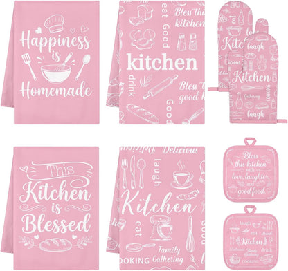 8 Pcs Pink Kitchen Decor Set Pink Cute Heat Resistant Oven Mitts and Pot Holders Sweet Kitchen Dish Towels Set Cute Farmhouse Accessories Decorations for Home Cooking Baking Gift for Women