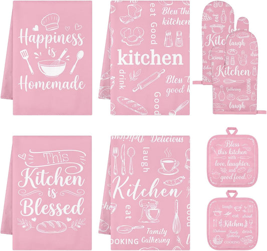 8 Pcs Pink Kitchen Decor Set Pink Cute Heat Resistant Oven Mitts and Pot Holders Sweet Kitchen Dish Towels Set Cute Farmhouse Accessories Decorations for Home Cooking Baking Gift for Women