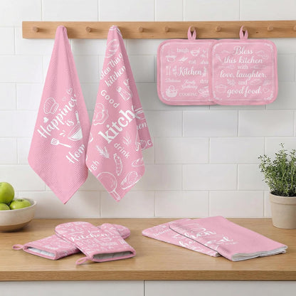 8 Pcs Pink Kitchen Decor Set Pink Cute Heat Resistant Oven Mitts and Pot Holders Sweet Kitchen Dish Towels Set Cute Farmhouse Accessories Decorations for Home Cooking Baking Gift for Women