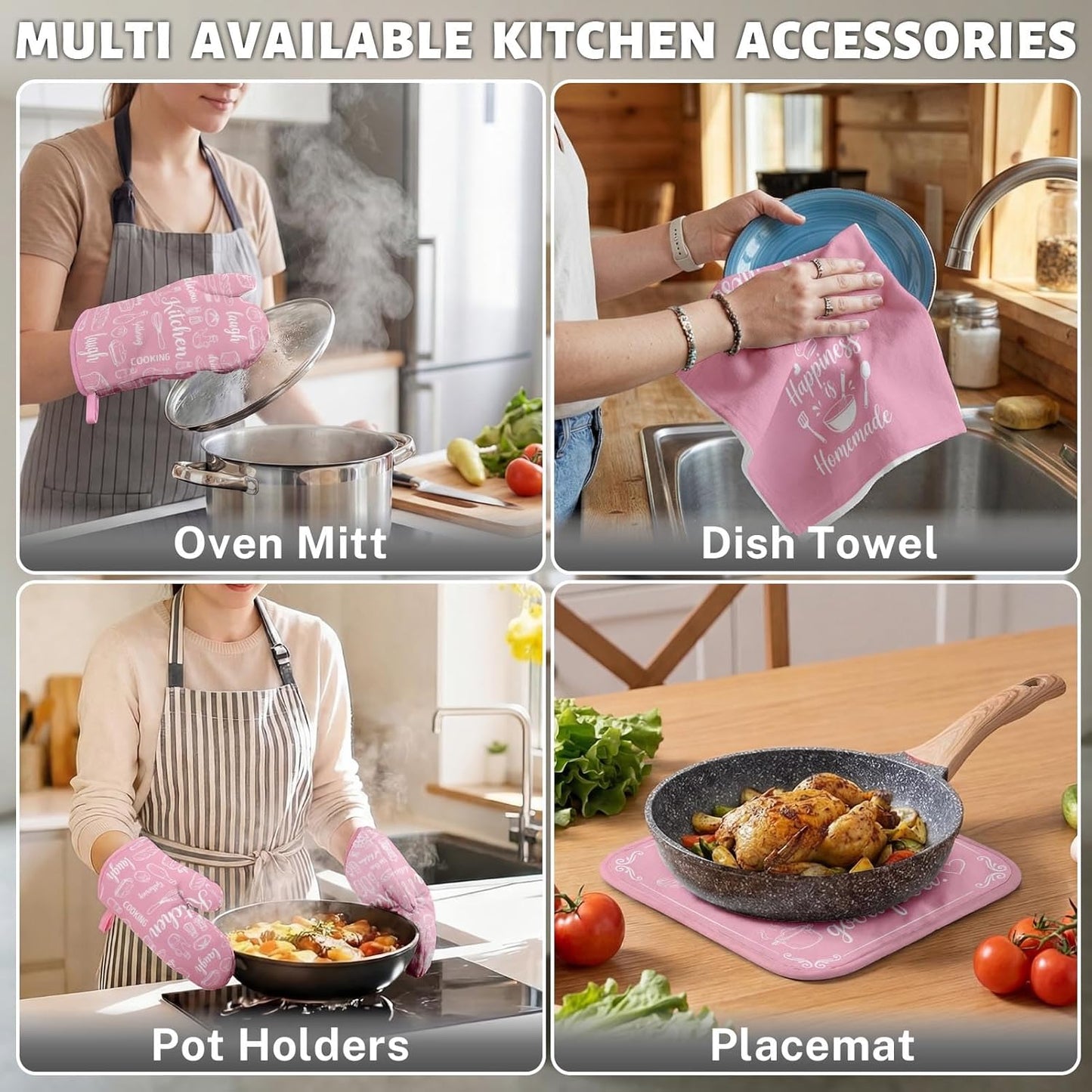 8 Pcs Pink Kitchen Decor Set Pink Cute Heat Resistant Oven Mitts and Pot Holders Sweet Kitchen Dish Towels Set Cute Farmhouse Accessories Decorations for Home Cooking Baking Gift for Women